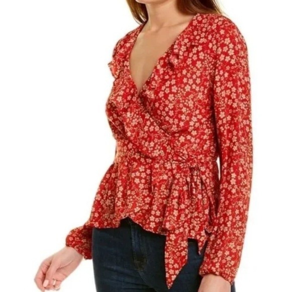 Max Studio NWT Red Floral Ruffle V-Neck Wrap Top Long Sleeve Peplum Blouse Large